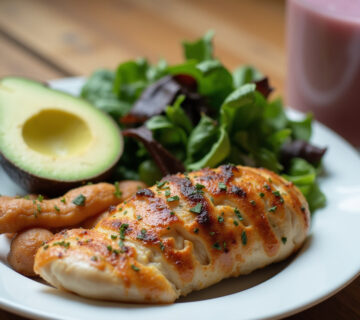 Plato final con pollo a la parrilla, aguacate, ensalada y batido, ideal para bajar de peso.