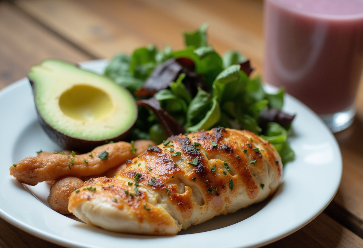 Plato final con pollo a la parrilla, aguacate, ensalada y batido, ideal para bajar de peso.
