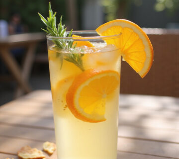Refreshing Agua de Valencia cocktail garnished with an orange slice.