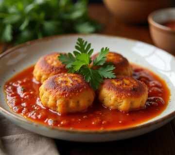 Albóndigas de bacalao en salsa de tomate, listas para servir y disfrutar.