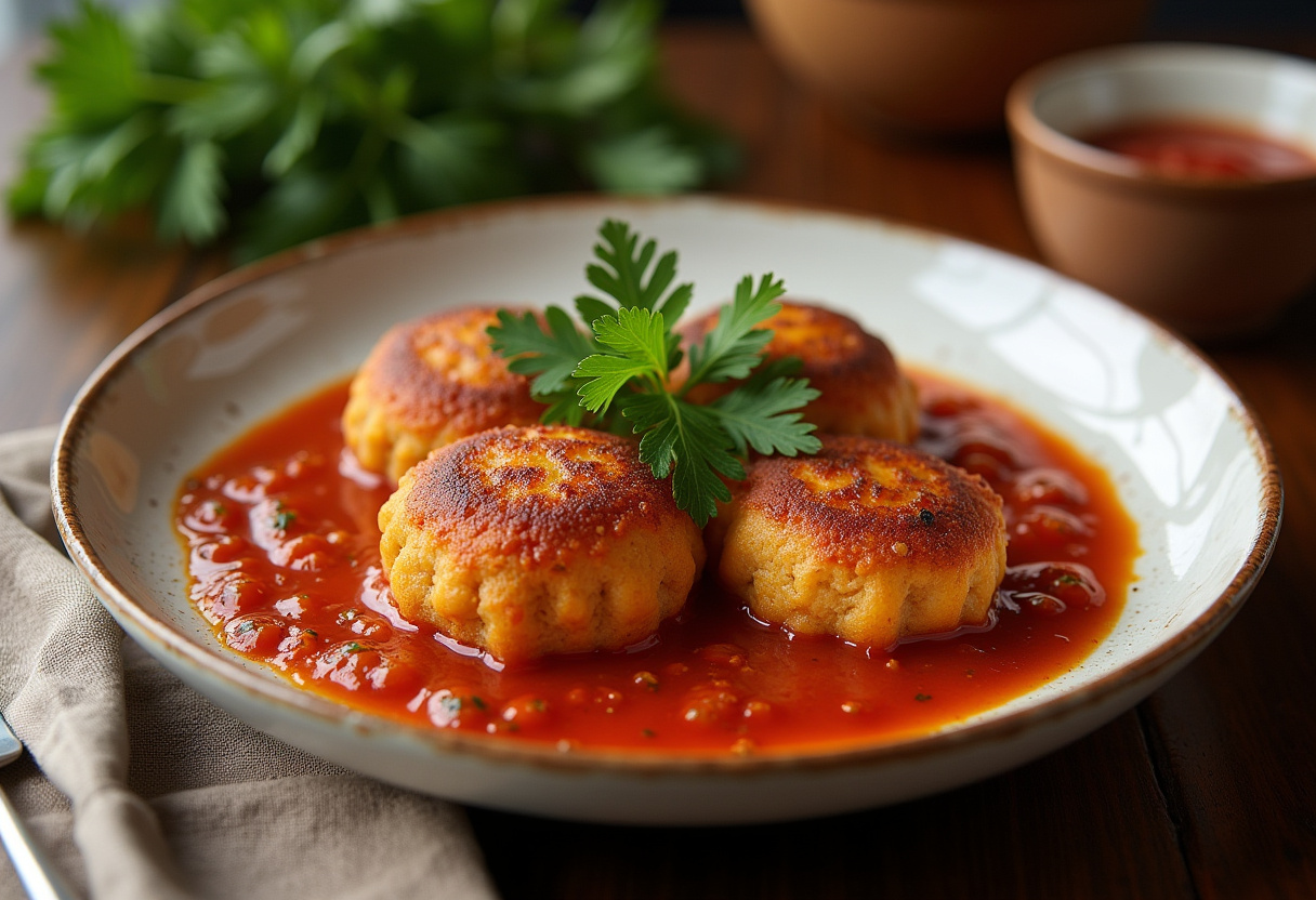 Albóndigas de bacalao en salsa de tomate, listas para servir y disfrutar.