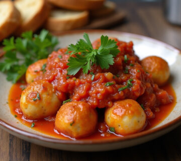 Albóndigas en salsa de tomate servidas con perejil fresco y pan crujiente.