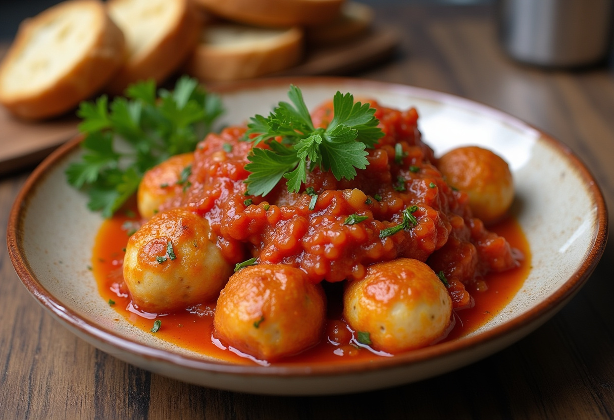 Albóndigas en salsa de tomate servidas con perejil fresco y pan crujiente.