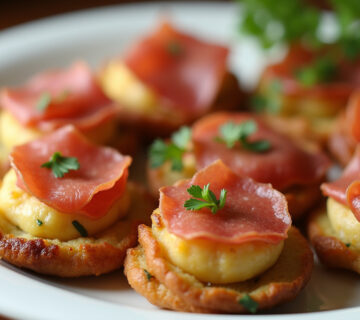 Finished Alcachofas rebozadas con jamón, crispy and topped with jamón serrano.