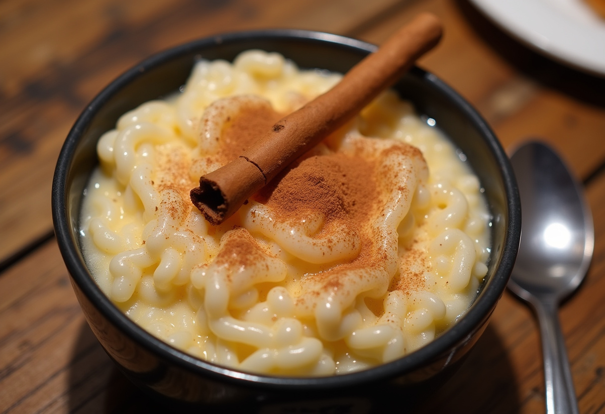 Arroz con leche cremoso terminado, decorado con canela y listo para servir.