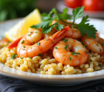Plato terminado de arroz meloso con gambas, decorado con perejil y limón, listo para servir.