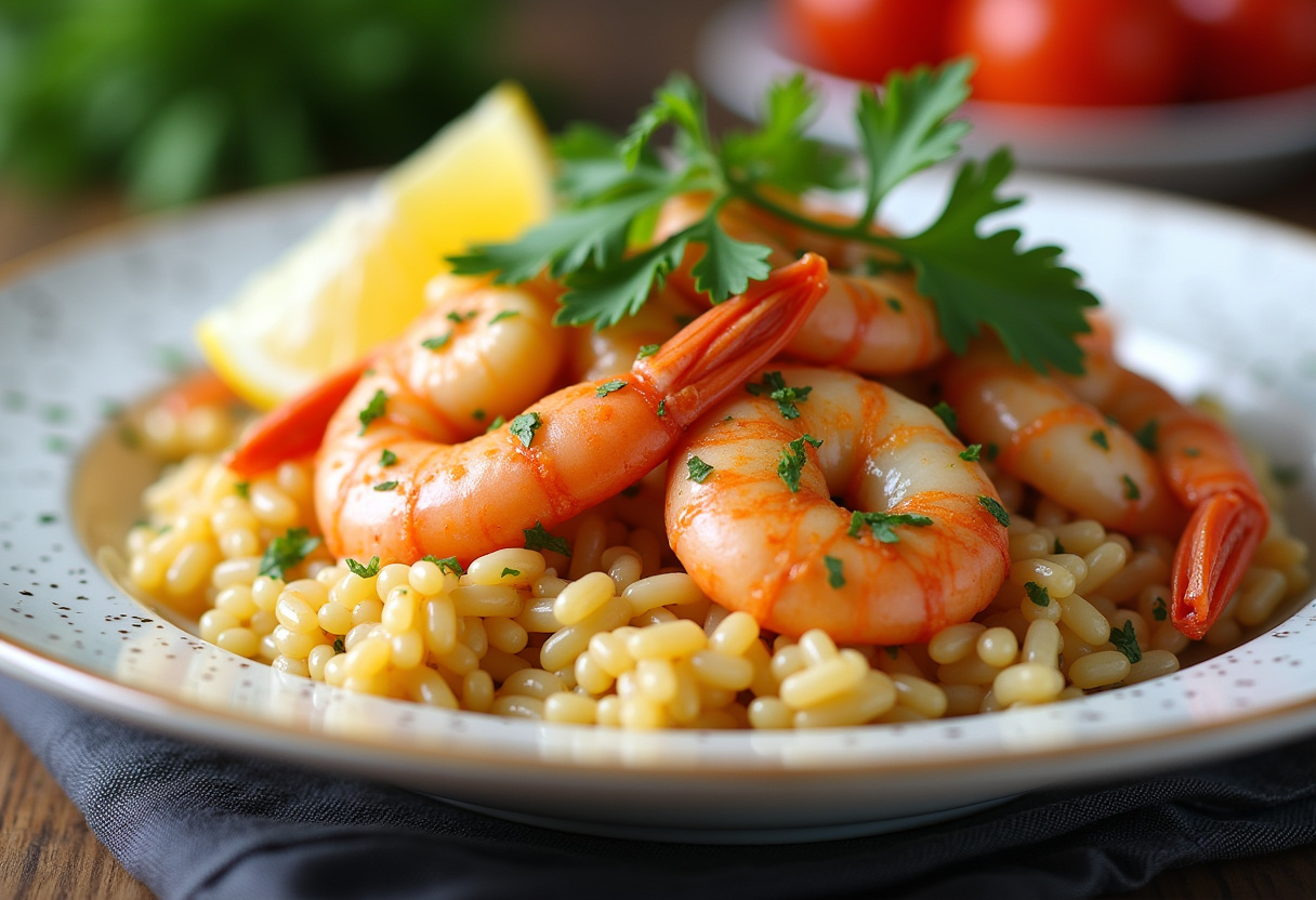 Plato terminado de arroz meloso con gambas, decorado con perejil y limón, listo para servir.