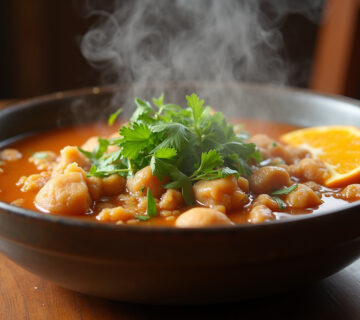 Plato terminado de Baião de Dois, servido con cilantro, farofa y rodajas de naranja.