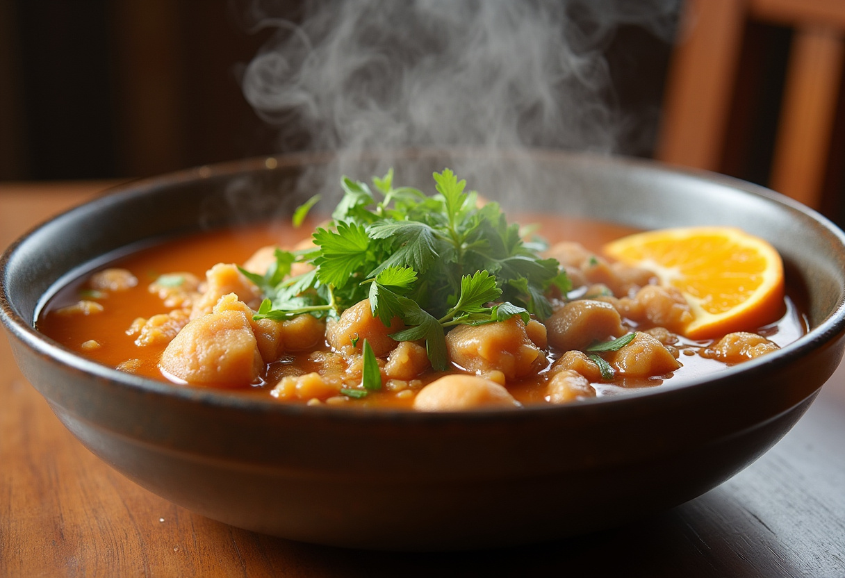 Plato terminado de Baião de Dois, servido con cilantro, farofa y rodajas de naranja.
