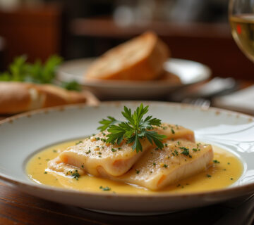 Authentic Bacalao al pil-pil with creamy sauce, bread, and wine for a Spanish meal.