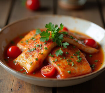 Finished Bacalao con tomate y pimientos, a traditional Spanish dish with cod, tomatoes, and peppers.
