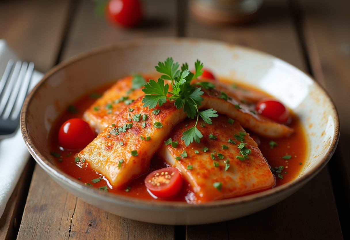 Finished Bacalao con tomate y pimientos, a traditional Spanish dish with cod, tomatoes, and peppers.