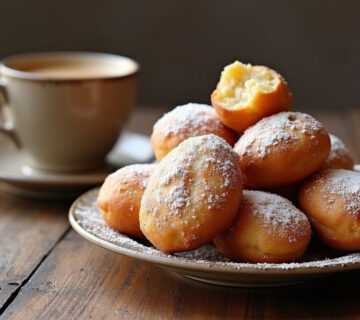 Bartolillos madrileños rellenos de crema, dorados y espolvoreados con azúcar glas, listos para disfrutar.