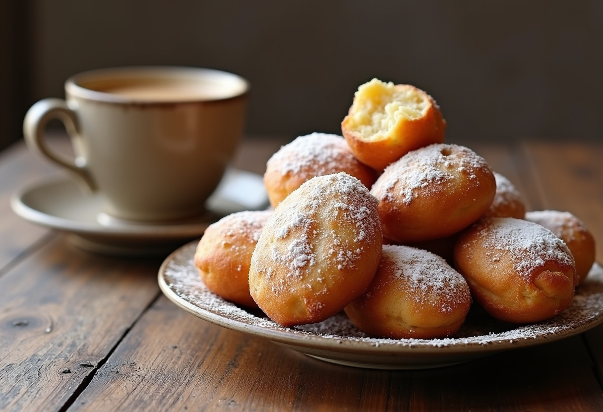 Bartolillos madrileños rellenos de crema, dorados y espolvoreados con azúcar glas, listos para disfrutar.