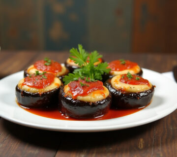 Berenjenas rellenas de carne horneadas, listas para servir y decoradas con perejil fresco.