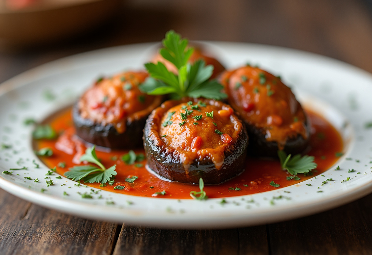 Berenjenas rellenas de carne horneadas, listas para servir y decoradas con perejil fresco.