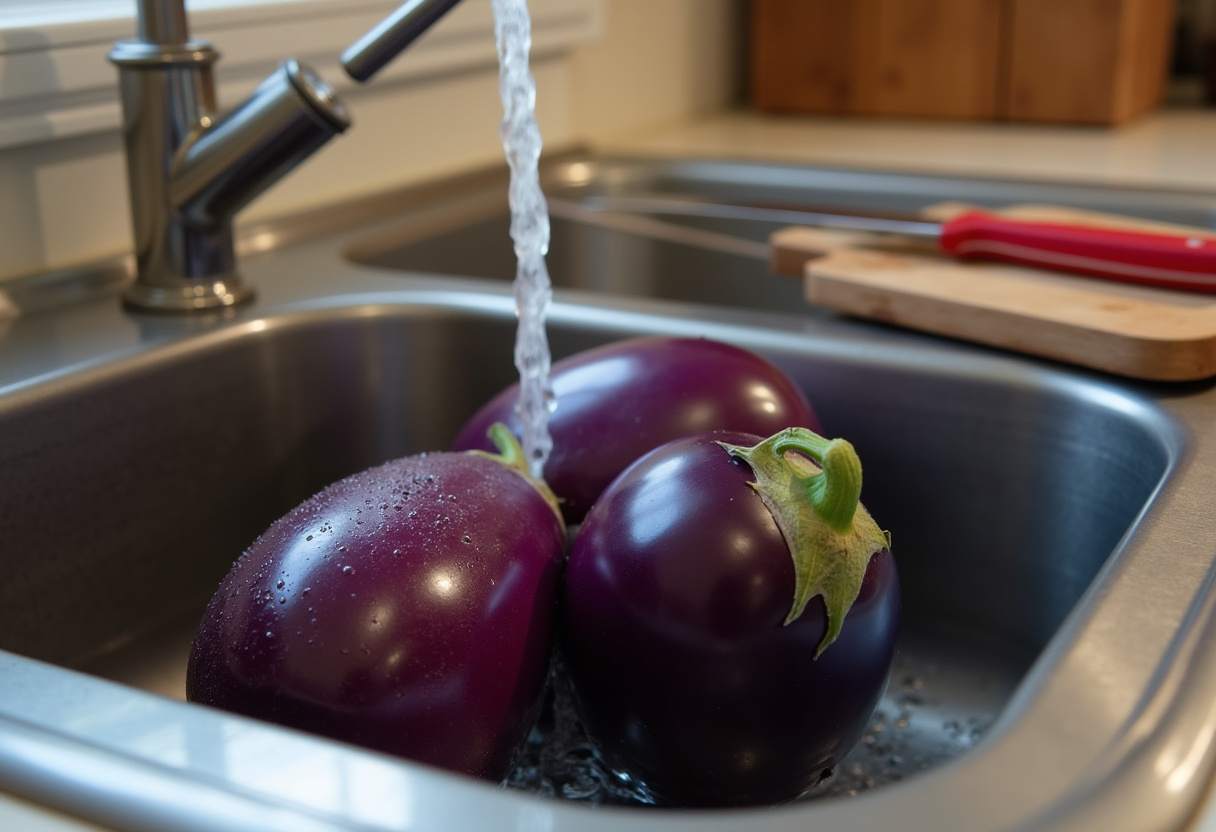 Berenjenas frescas siendo lavadas para preparar berenjenas rellenas de carne.