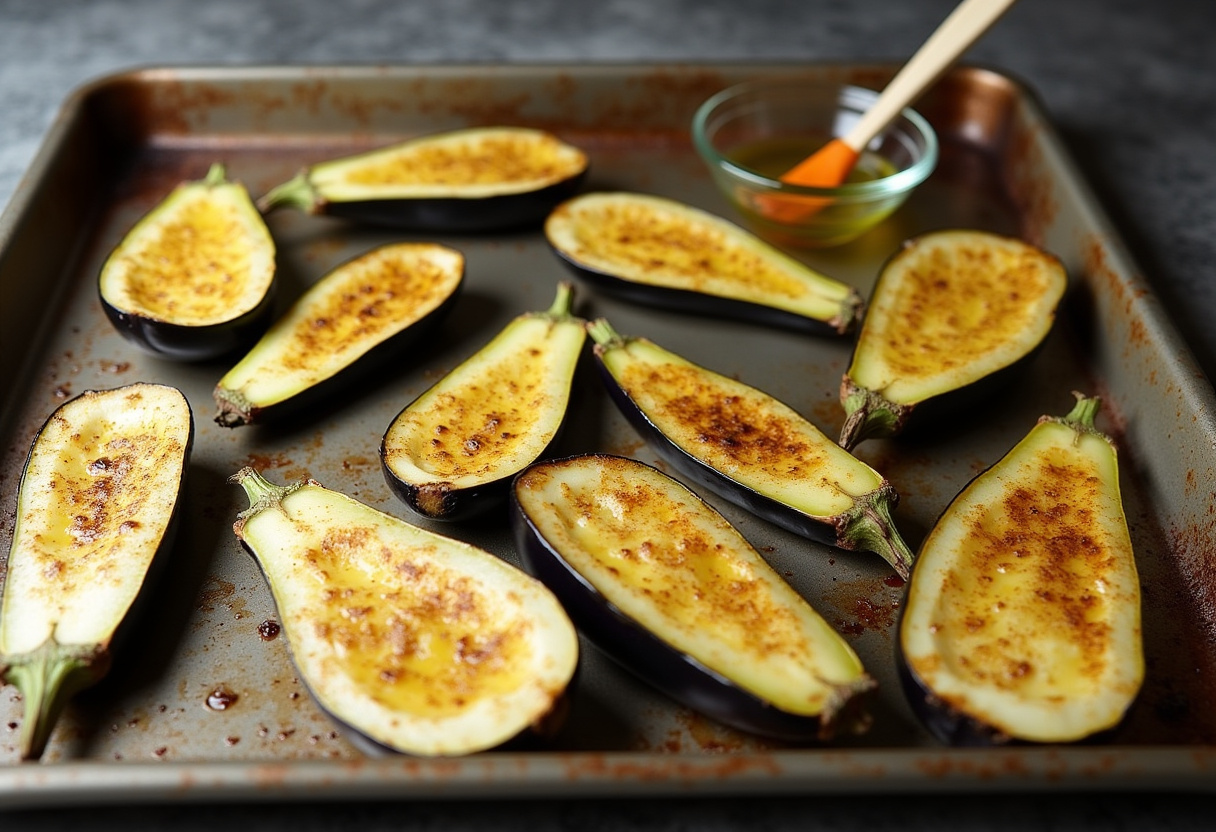 Mitades de berenjenas untadas con aceite de oliva para asar en el horno.