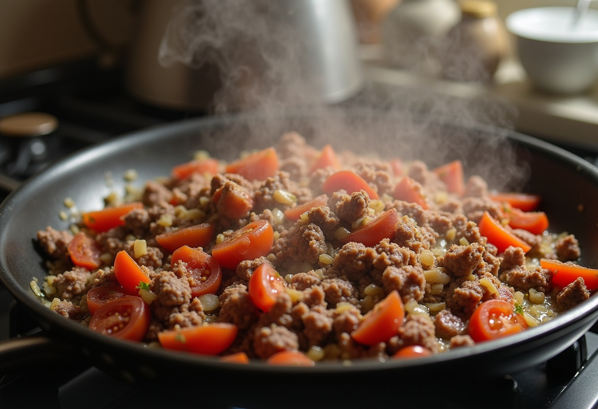 Carne molida cocinándose con cebolla, ajo y tomate para el relleno de berenjenas.