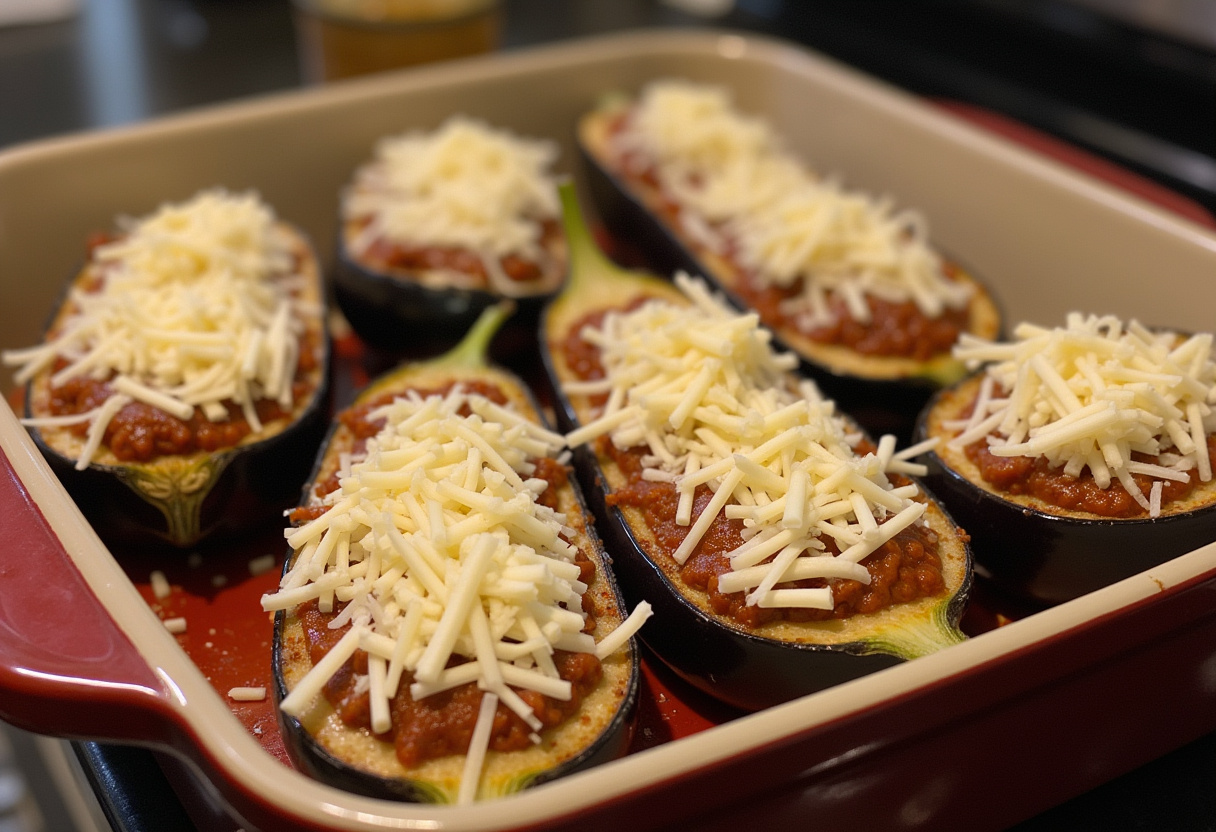 Berenjenas asadas rellenas de carne molida y cubiertas con queso rallado.