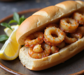 Delicious Bocadillo de Calamares served on a plate, ready to eat - Spanish calamari sandwich.
