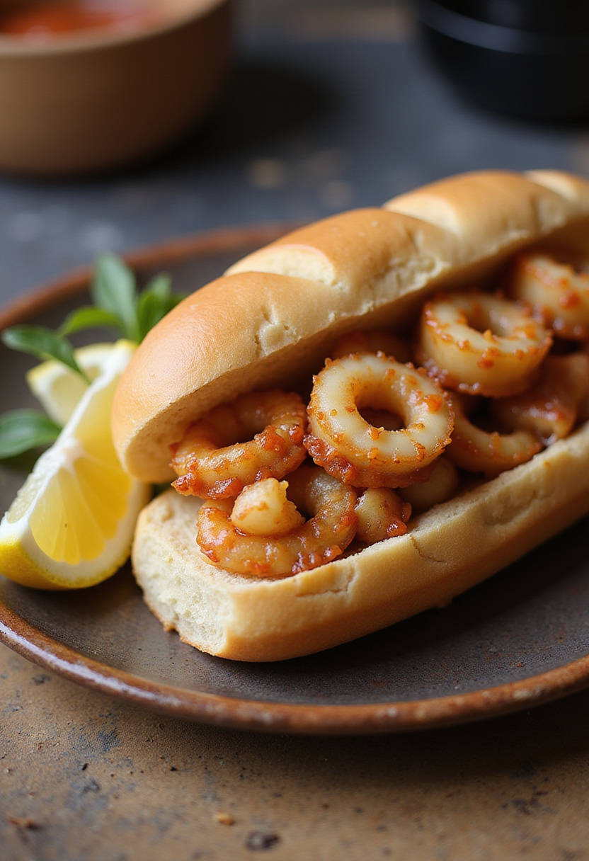 Delicious Bocadillo de Calamares served on a plate, ready to eat - Spanish calamari sandwich.