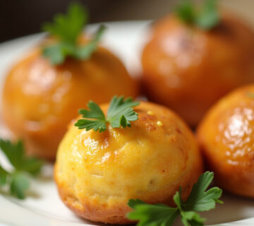 Bombas de mantequilla, ajo y queso recién horneadas, doradas y decoradas con perejil fresco.