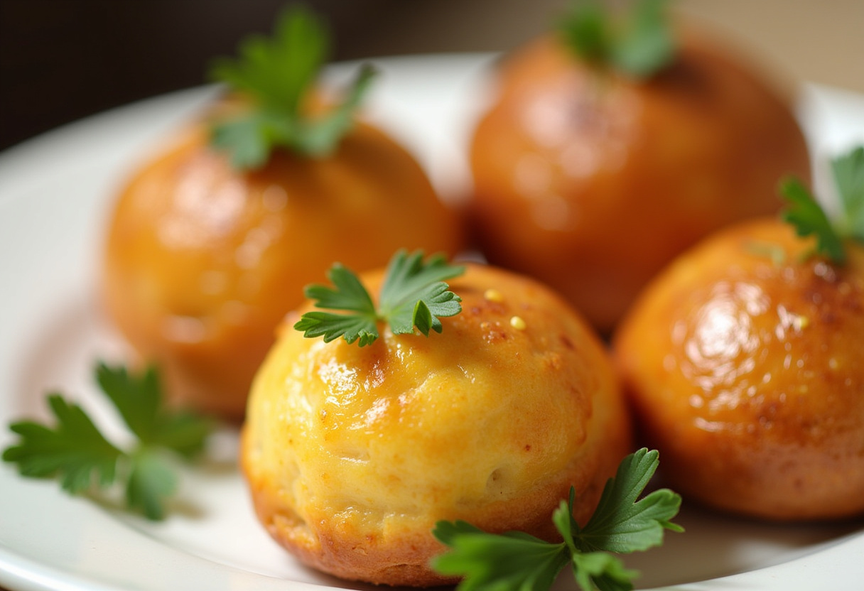 Bombas de mantequilla, ajo y queso recién horneadas, doradas y decoradas con perejil fresco.