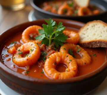 Finished Calamares en su tinta, a delicious Spanish squid dish in black ink sauce, ready to serve.