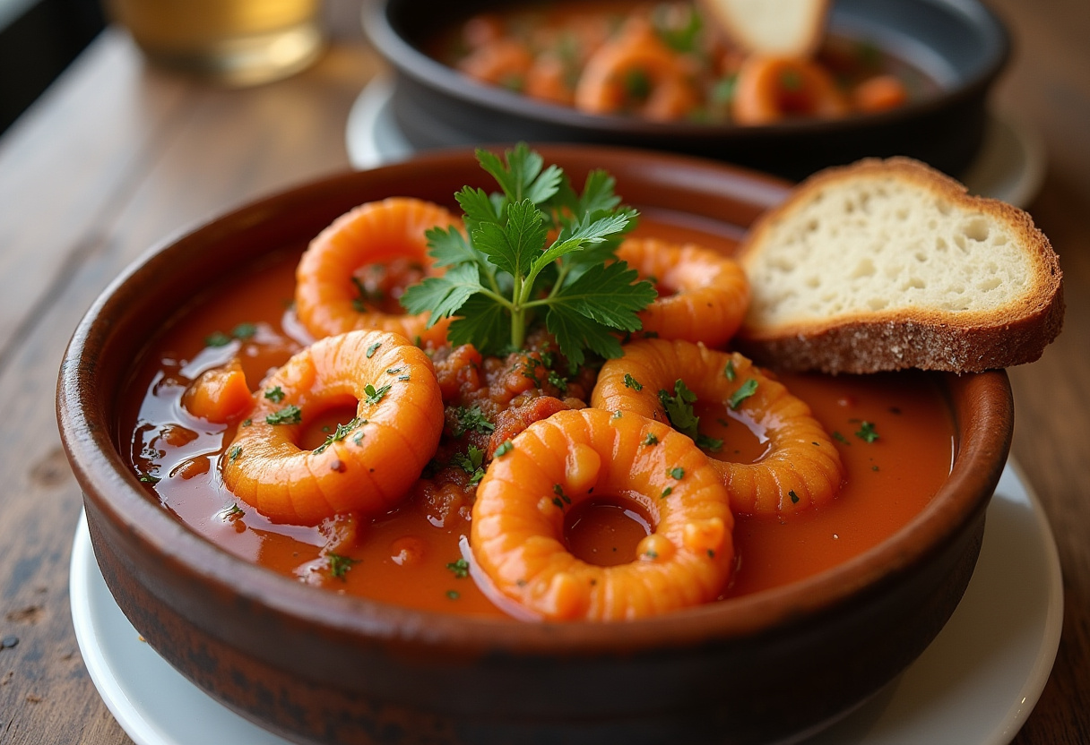 Finished Calamares en su tinta, a delicious Spanish squid dish in black ink sauce, ready to serve.