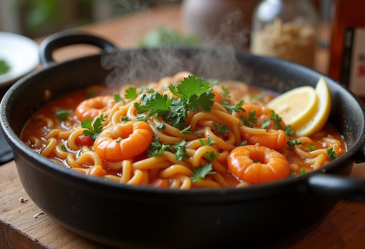 Cazuela de fideos con mariscos terminada, decorada con perejil y limón, lista para servir.