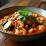 Delicious Cazuela de mariscos y pescado served in a bowl with lime and cilantro.