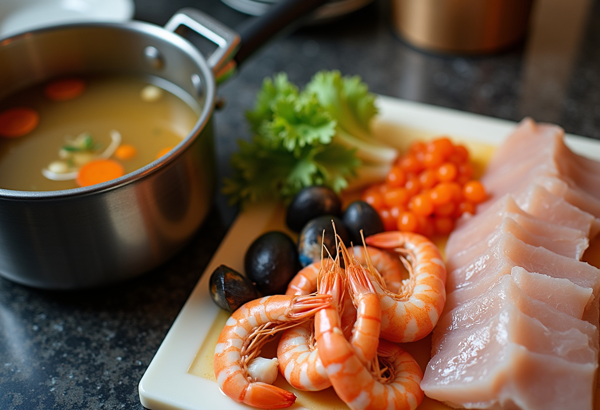 Mariscos frescos preparados para añadir a la Cazuela