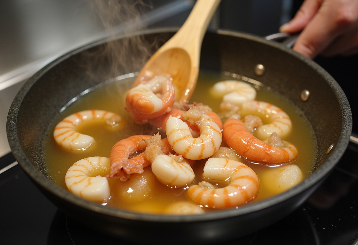 Mariscos añadidos al caldo hirviendo de la Cazuela