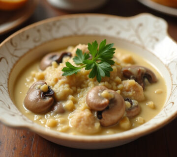Finished Champignons à la Crème et Parmesan, creamy and cheesy, perfect as a gourmet side dish.