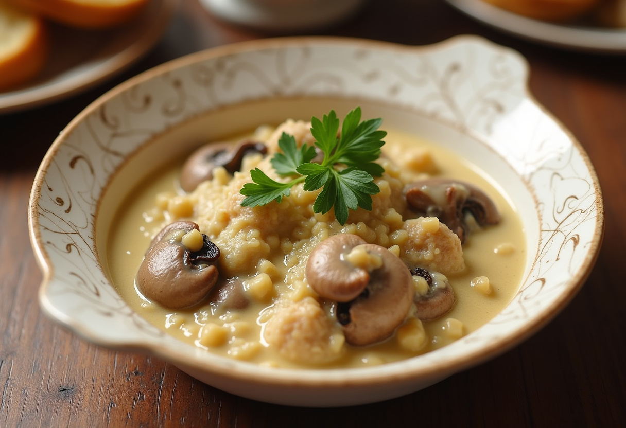 Finished Champignons à la Crème et Parmesan, creamy and cheesy, perfect as a gourmet side dish.