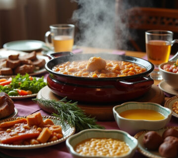 Cocido Madrileño servido en la mesa con todos sus componentes, ideal para celebrar Pascua.