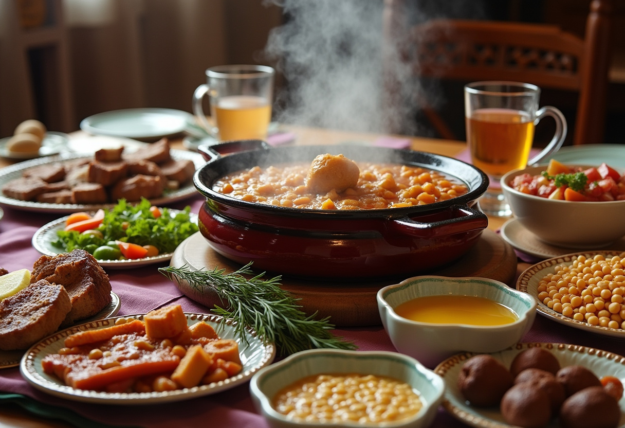Cocido Madrileño servido en la mesa con todos sus componentes, ideal para celebrar Pascua.