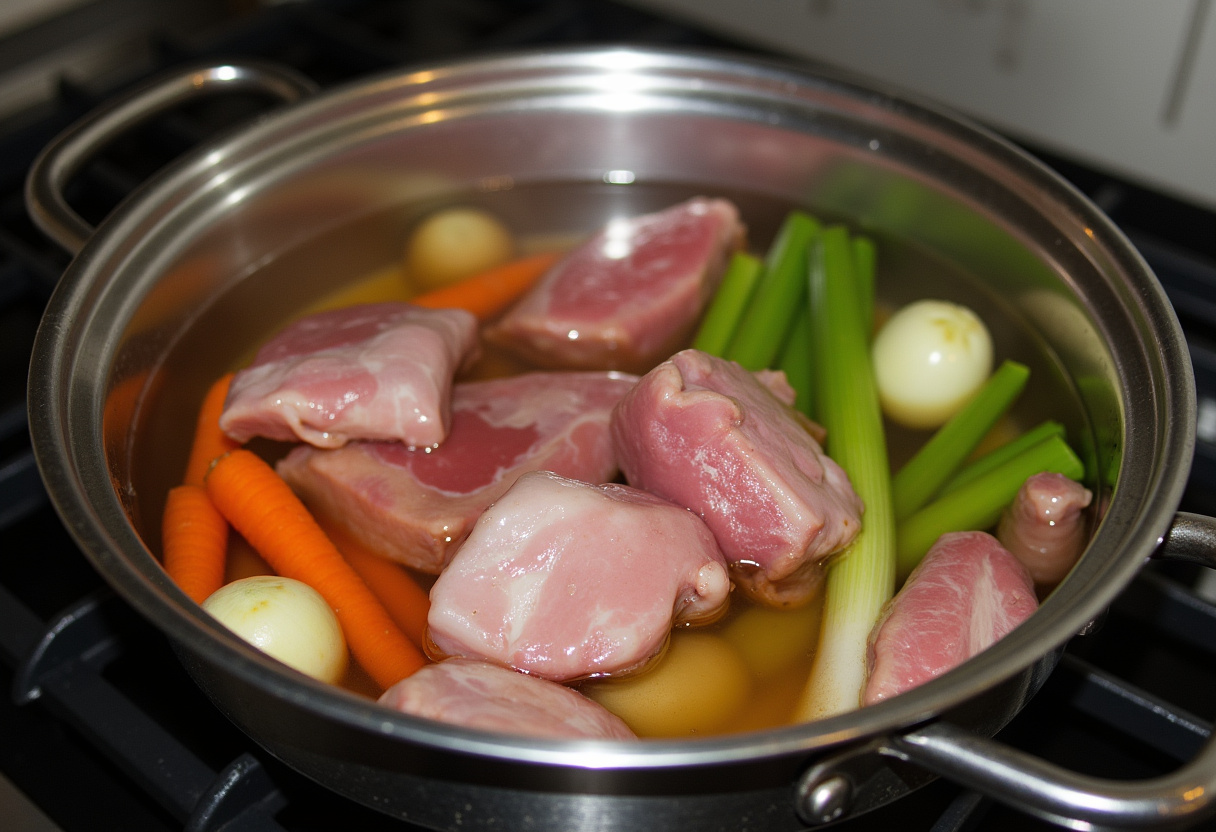 Olla grande con agua hirviendo y trozos de carne para el Cocido Madrileño especial de Pascua.