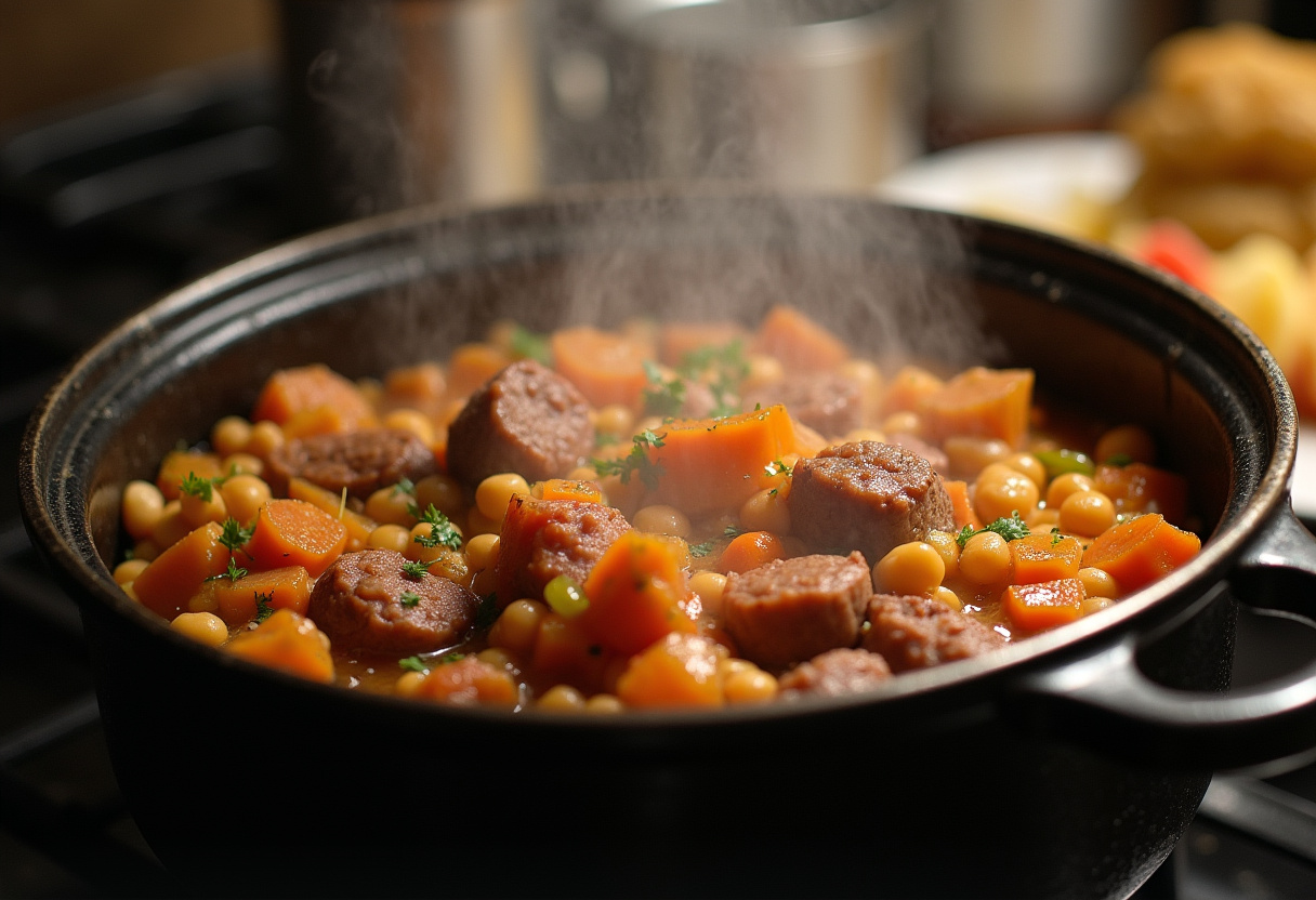 Olla con carne, verduras y garbanzos cociendo a fuego lento para el Cocido Madrileño.
