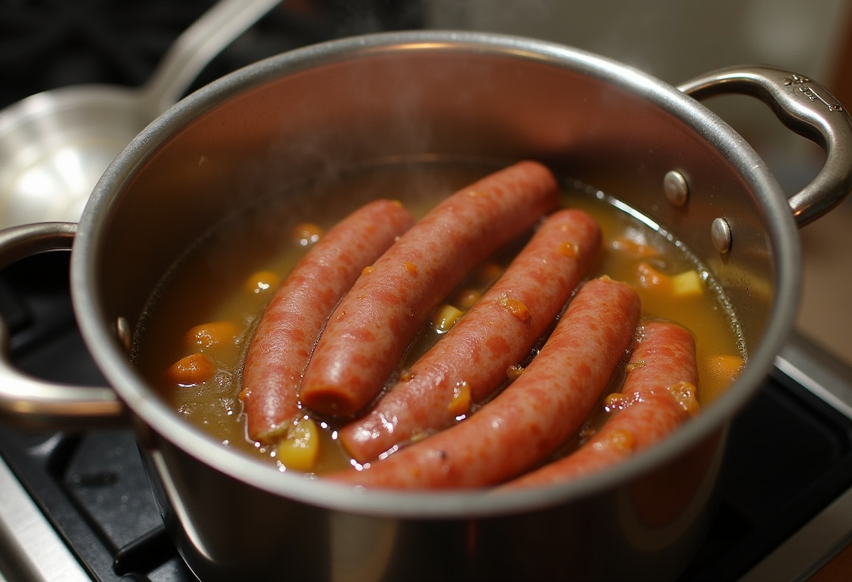 Morcilla y chorizo cociéndose en agua para el Cocido Madrileño de Pascua.