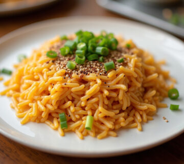 Delicious and colorful Arroz Tres Delicias served on a plate, perfect for any meal.