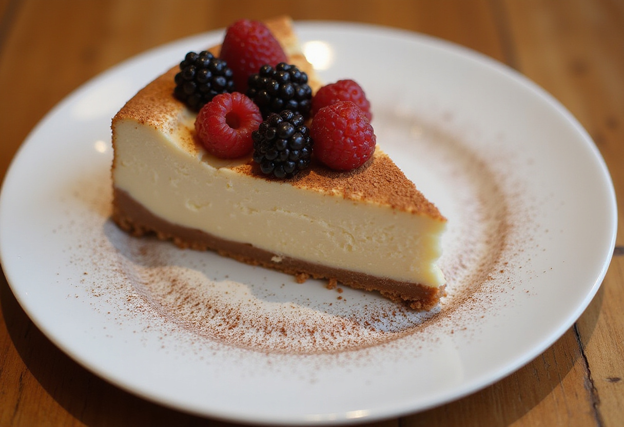 Deliciosa tarta de queso sin horno decorada con frutas frescas, lista para disfrutar.