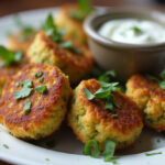 Croquetas de brócoli y feta crujientes, servidas con salsa de yogur y hierbas frescas.