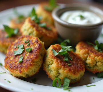 Croquetas de brócoli y feta crujientes, servidas con salsa de yogur y hierbas frescas.