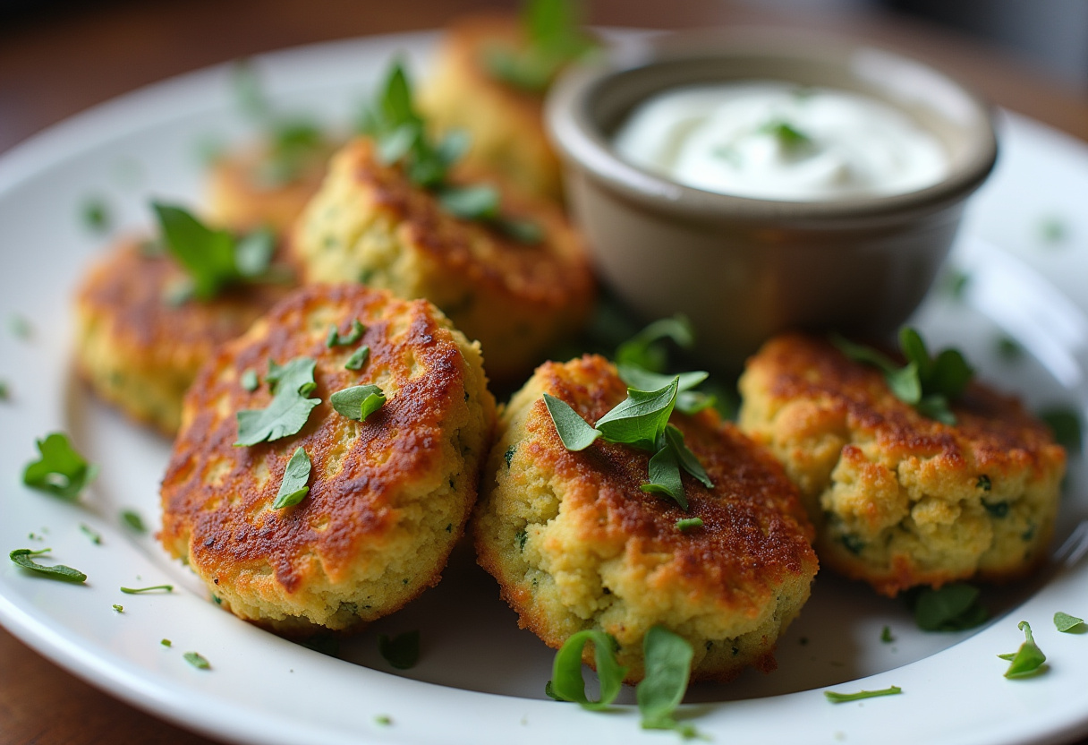 Croquetas de brócoli y feta crujientes, servidas con salsa de yogur y hierbas frescas.
