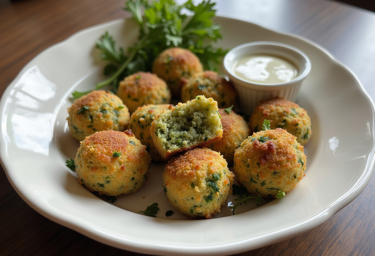 Croquetas de brócoli y feta crujientes, servidas con salsa de yogur y hierbas frescas.
