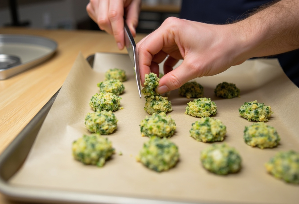 Formando croquetas de brócoli y feta en forma ovalada sobre una bandeja.