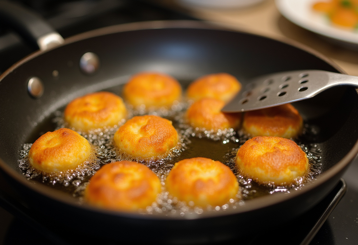 Croquetas de brócoli y feta friendose en aceite caliente hasta dorar.
