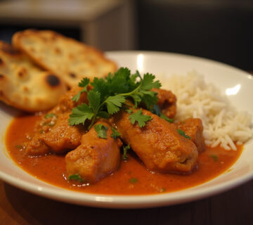 Delicioso Poulet Tikka Masala servido con arroz basmati y naan, decorado con cilantro fresco.